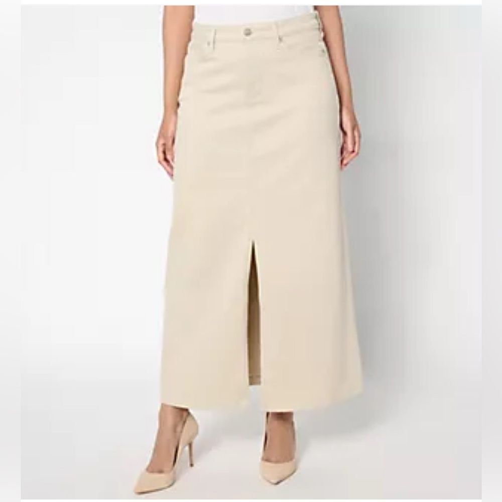 NYDJ High Rise Long Denim Skirt with Slit Beige Size 14 NWT